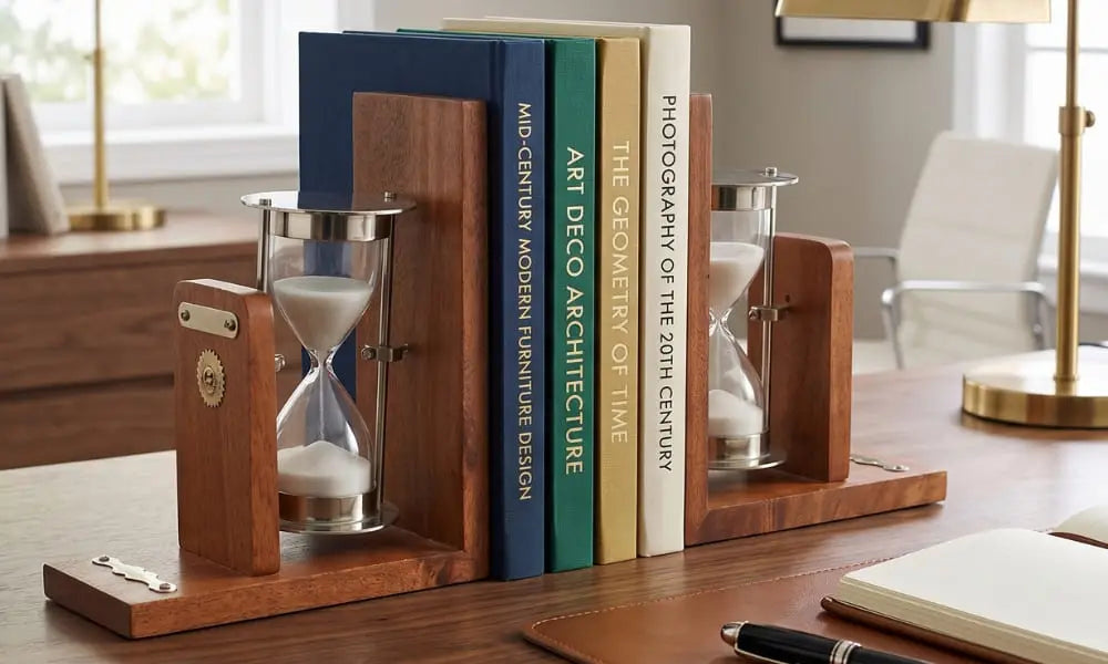 A close-up view of a pair of vintage-style decorative hourglass bookends made of wood and metal, holding a collection of design and architecture books (like 'Art Deco Architecture' and 'The Geometry of Time') on an executive office desk with a leather mat and a fountain pen. In the background, framed art and a brass lamp are visible. Ideal unique desk accessories and office decor gift idea.