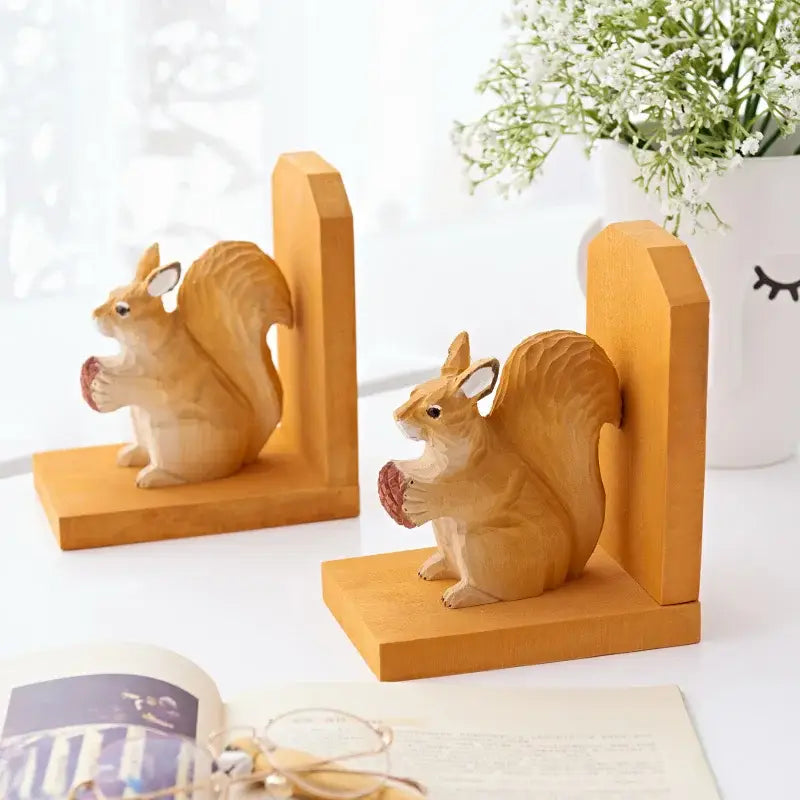 wooden bookend with squirrel design